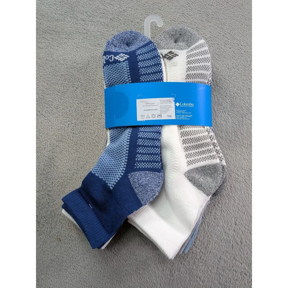 Columbia Mens Athletic Quarter Socks 6 Pair Pack Blue Tan White Size 6-12 New